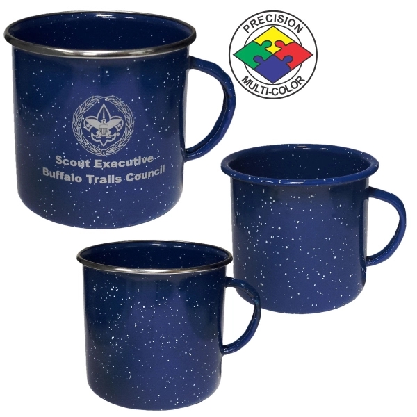 18oz Blue Enameled Steel Campfire Mug with Stainless Steel rim, spot... from ASI 80093 Pyrographics / Pyrographics Line