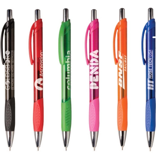 A sleek, modern style plastic ballpoint pen in vibrant brights, rubber... from ASI 61966 HPG / Hub Pen
