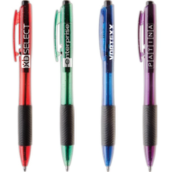 Ballpoint pen with hourglass shaped translucent barrel, ribbed grip and smooth... from ASI 61966 HPG / Hub Pen