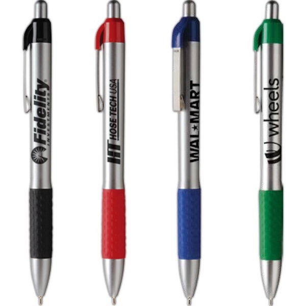 Click-action retractable ballpoint pen with basket weave textured rubber grip and... from ASI 61966 HPG / Hub Pen