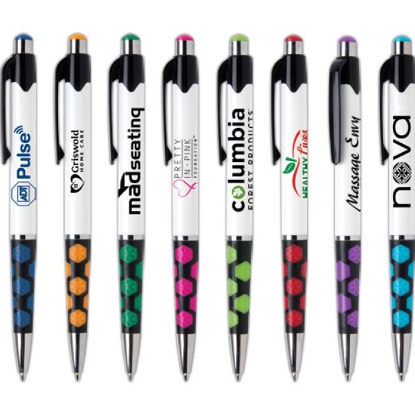 Mardi Gras Hex features Hexagon accents in 8 vivid colors with... from ASI 61966 HPG / Hub Pen