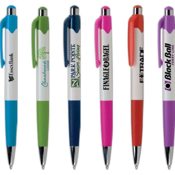 Mardi Gras Jubilee features Crisp White Barrels with six fun trim... from ASI 61966 HPG / Hub Pen