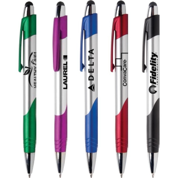 Fiji Chrome Stylus Pen has brushed silver barrels,chrome & jewel tone... from ASI 61966 HPG / Hub Pen