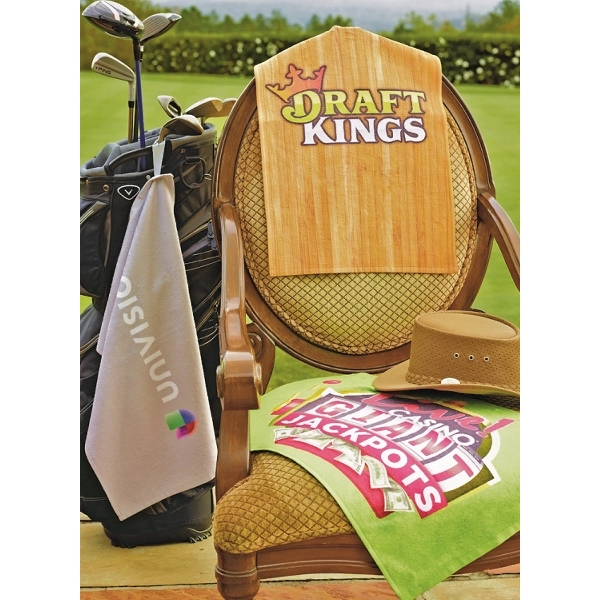 ColorFusion golf towel with its own sewn-in loop for easy hanging.... from ASI 91605 Towel Specialties