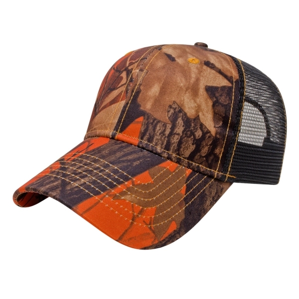 Orange Ridge polyester mesh camouflage six-panel structured cap with adjustable snapback... from ASI 43792 Cap America Inc