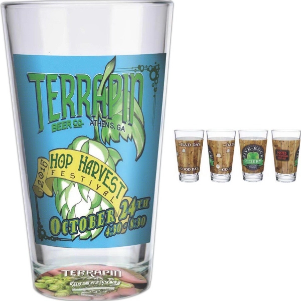 16 ounce pint glass with sidewall and bottom sham imprint options.... from ASI 71920 Moderne Glass Company Inc / Glass America®