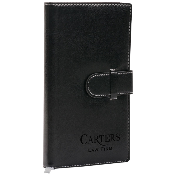 Notebook with flap closure, white stitching, pen holder, bookmark, 48 cream... from ASI 42920 Busrel Inc