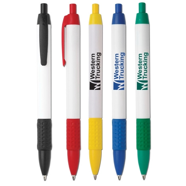 Wide body, plunger action retractable pen with diamond rubber comfort grip.... from ASI 58805 HPC Global / HPC Global