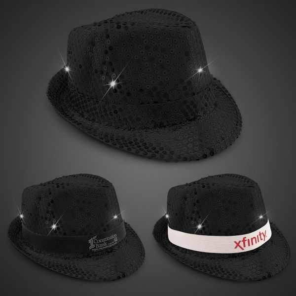 Black sequin light up fedora hat with six bright white LED... from ASI 42016 Brighter Promotions Inc / Brighter Promotions Line