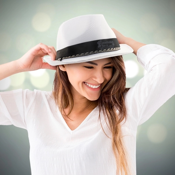White fedora hat with an imprinted hat band.... from ASI 42016 Brighter Promotions Inc