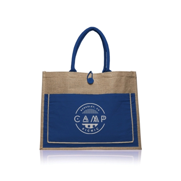 Laminated jute tote bag with cotton pocket that measures 17.75" W... from ASI 39552 BEL Promo