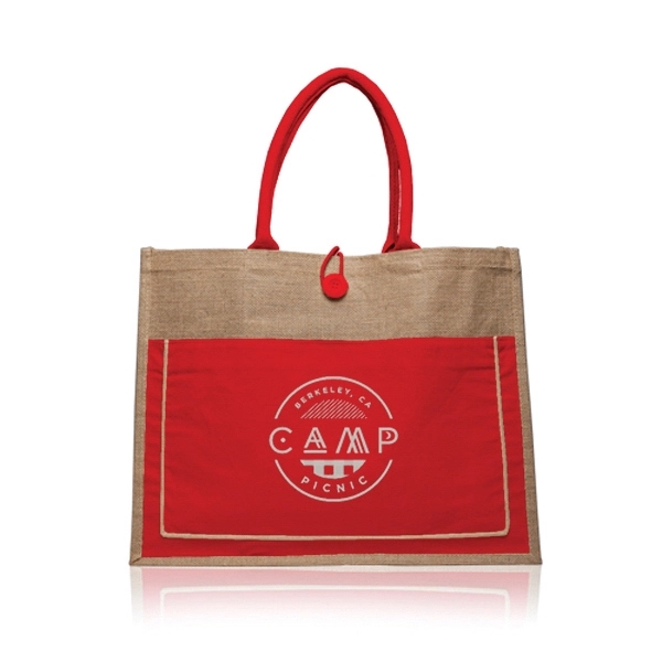 Laminated jute tote bag with cotton pocket that measures 17.75" W... from ASI 39552 BEL Promo