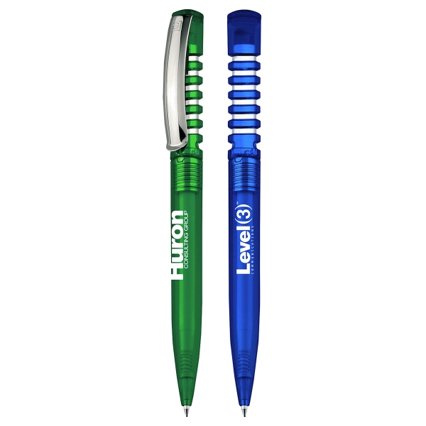 Glossy translucent barrel pen with large metal clip and accents.... from ASI 39250 ZZ OLD - Beacon Promotions Inc / Beacon Brand (R) Builders