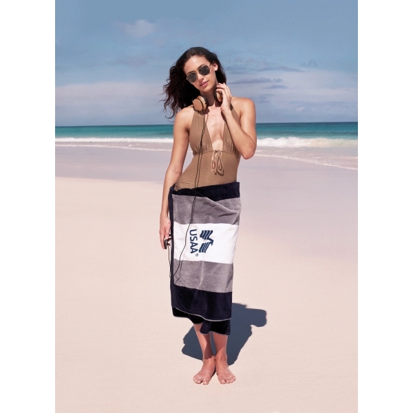 Spinnaker towel made of terry velour with features bold colored stripes.... from ASI 91605 Towel Specialties