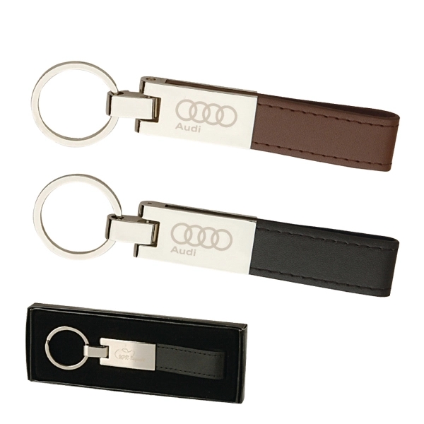 Keyring made of brushed finish metal plate with a leather strap.... from ASI 57655 STOPNGO Line
