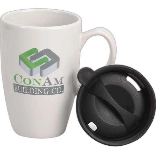 12 oz. ceramic mug with slide, drink-thru black lid.... from ASI 40261 Berney-Karp Inc / Creative Source