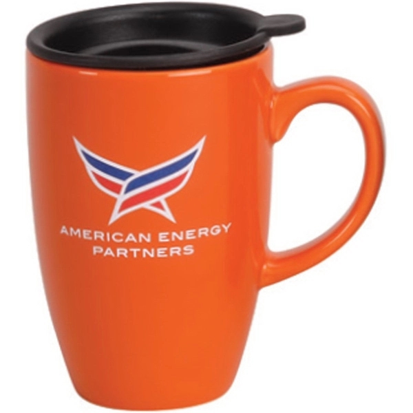 12 oz. ceramic mug with slide, drink-thru black lid.... from ASI 40261 Berney-Karp Inc / Creative Source
