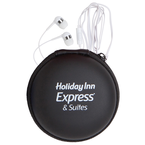 White earphones with a microphone in a round EVA case with... from ASI 90859 Tempo Industries Inc / Tempo Tempoline