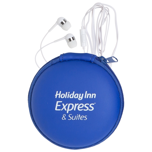 White earphones with a microphone in a round EVA case with... from ASI 90859 Tempo Industries Inc / Tempo Tempoline