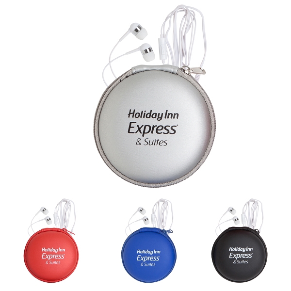 White earphones with a microphone in a round EVA case with... from ASI 90859 Tempo Industries Inc / Tempo Tempoline