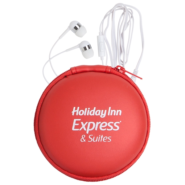 White earphones with a microphone in a round EVA case with... from ASI 90859 Tempo Industries Inc / Tempo Tempoline