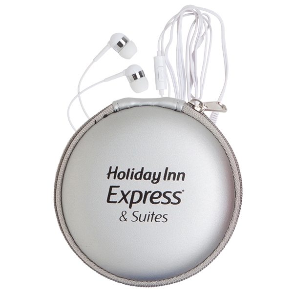 White earphones with a microphone in a round EVA case with... from ASI 90859 Tempo Industries Inc / Tempo Tempoline