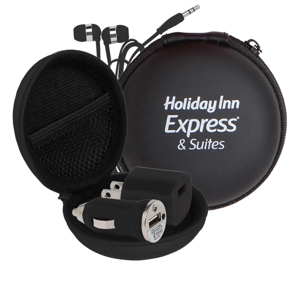 A wall adapter, mini car charger, and earphones with chrome trim... from ASI 90859 Tempo Industries Inc / Tempo Tempoline