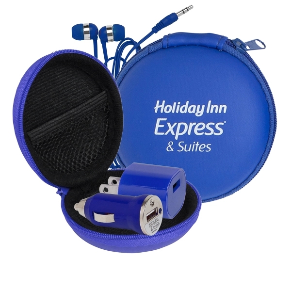 A wall adapter, mini car charger, and earphones with chrome trim... from ASI 90859 Tempo Industries Inc / Tempo Tempoline