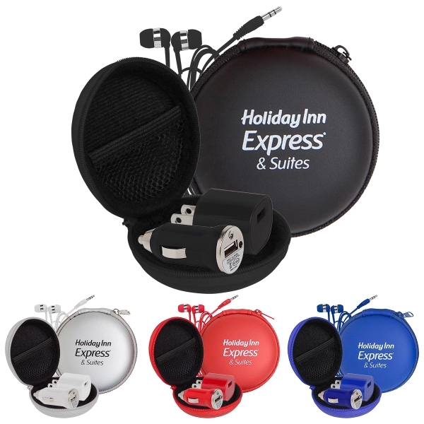 A wall adapter, mini car charger, and earphones with chrome trim... from ASI 90859 Tempo Industries Inc / Tempo Tempoline