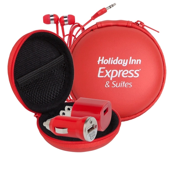 A wall adapter, mini car charger, and earphones with chrome trim... from ASI 90859 Tempo Industries Inc / Tempo Tempoline