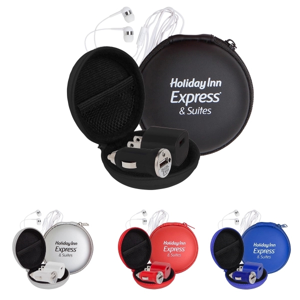 A wall charger, mini car charger, USB cable, and microphone earphones... from ASI 90859 Tempo Industries Inc / Tempo Tempoline