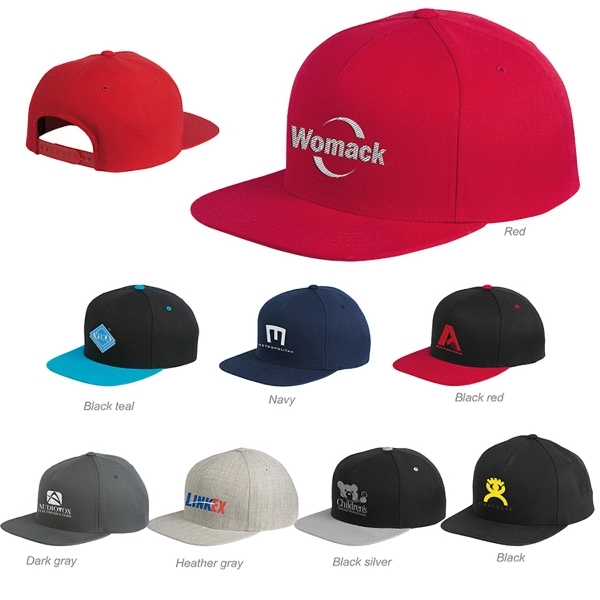 Structured, high-profile, five-panel wool blend snapback cap with 3 3/4" crown,... from ASI 88060 Snugz/USA Inc / Sweda®