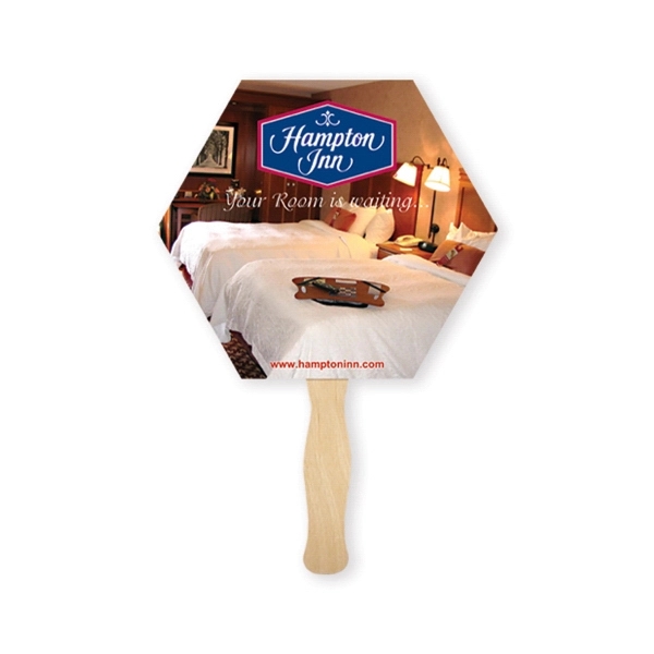Hexagon shape fan with wood handle ( wood stick) attached, sandwich... from ASI 93520 Ventura Inc
