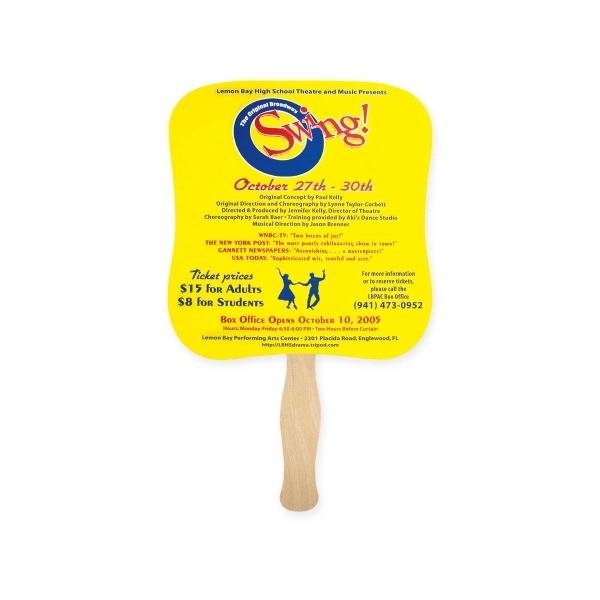 Sandwich style stock shape Palm hand fan with wood handle attached... from ASI 93520 Ventura Inc