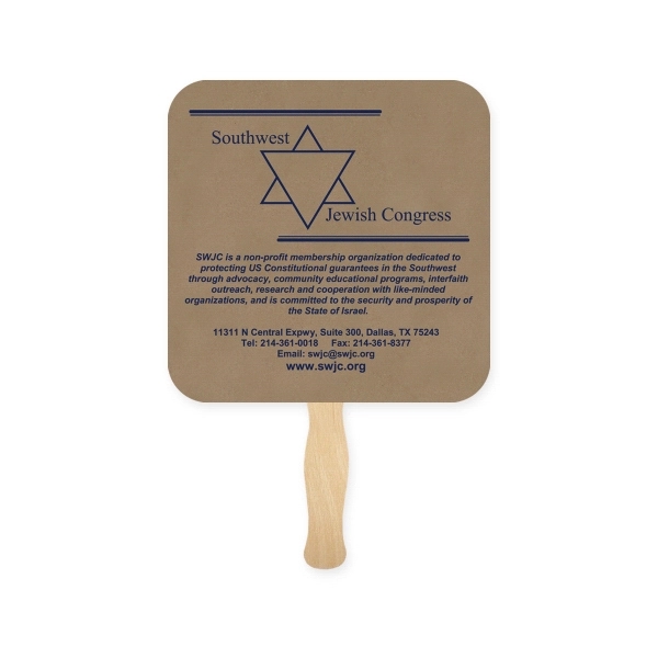 Square shape hand fan, 26 point recycled unbleached natural brown kraft... from ASI 93520 Ventura Inc