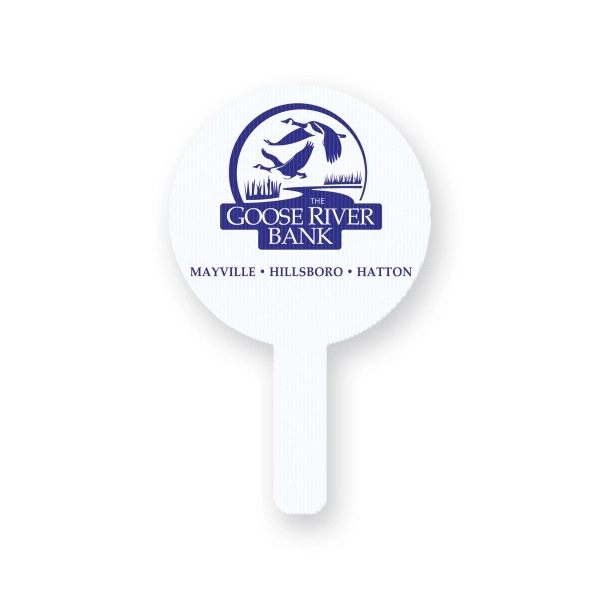 Round shape rally hand fan made of white corrugated plastic.... from ASI 93520 Ventura Inc