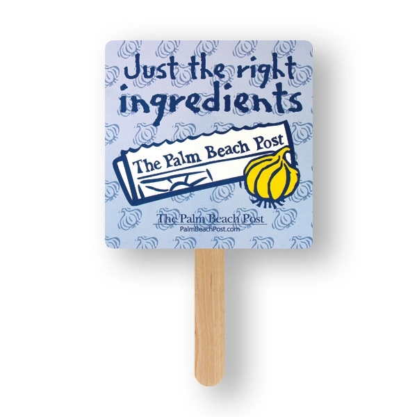Square mini hand fan with basswood handle attached with adhesive, sandwich... from ASI 93520 Ventura Inc