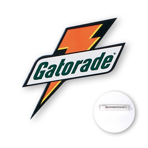 Full color custom shape button made of 30 mil. high impact... from ASI 93520 Ventura Inc