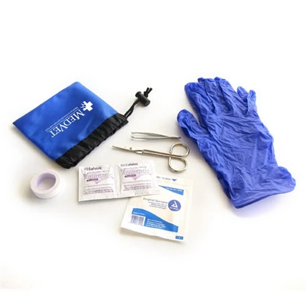 Drawstring tote with scissors, tweezers, gloves, tape, gauze pads and antiseptic... from ASI 92980 WOV-IN® / Promopet