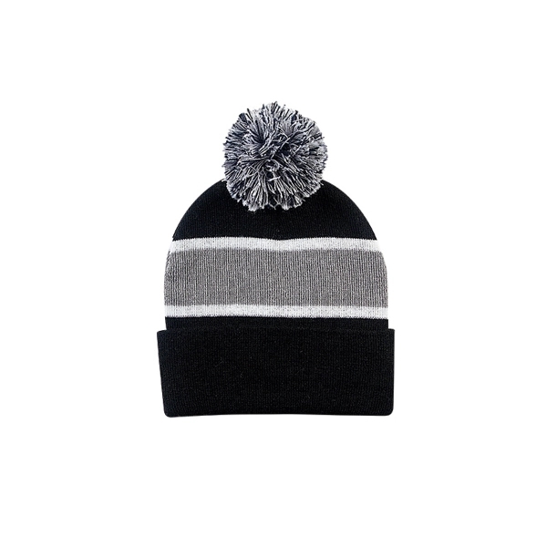 One size fits most 12" Striped Beanie with Cuff and Pom.... from ASI 80129 Quake City Caps