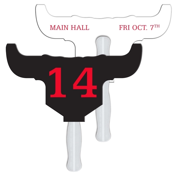 Digital printed longhorn bull shape auction fan with visible wooden stick.... from ASI 67620 Lion Circle Corp / Lion/Circle