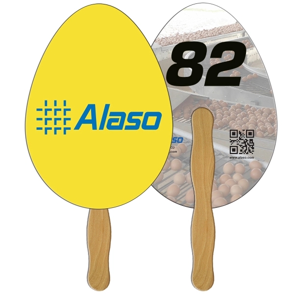 Digital printed egg shape auction fan with visible wooden stick.... from ASI 67620 Lion Circle Corp / Lion/Circle