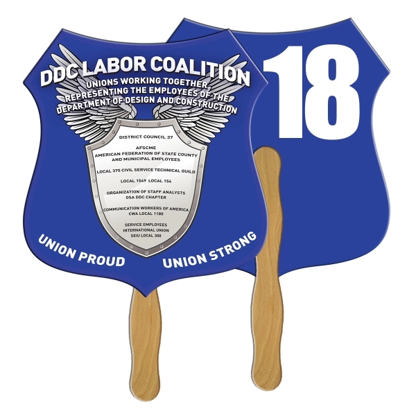 Digital printed crest shape auction fan with visible wooden stick.... from ASI 67620 Lion Circle Corp / Lion/Circle