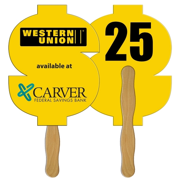 Digital printed dollar sign shape auction fan with visible wooden stick.... from ASI 67620 Lion Circle Corp / Lion/Circle