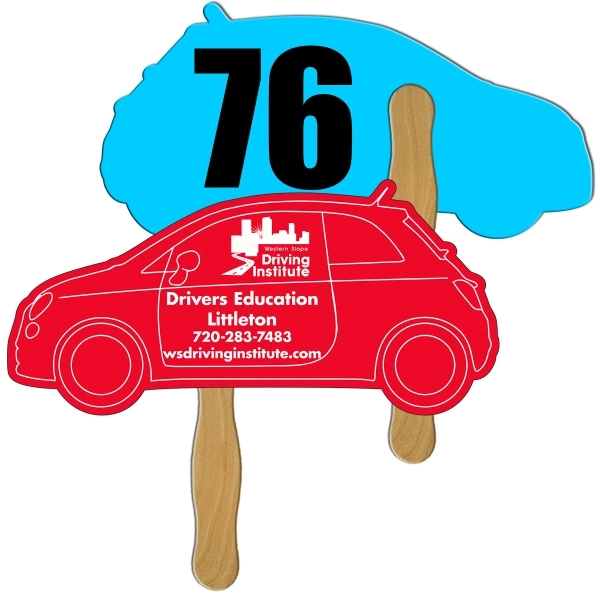 Digital printed car shape auction fan with visible wooden stick.... from ASI 67620 Lion Circle Corp / Lion/Circle