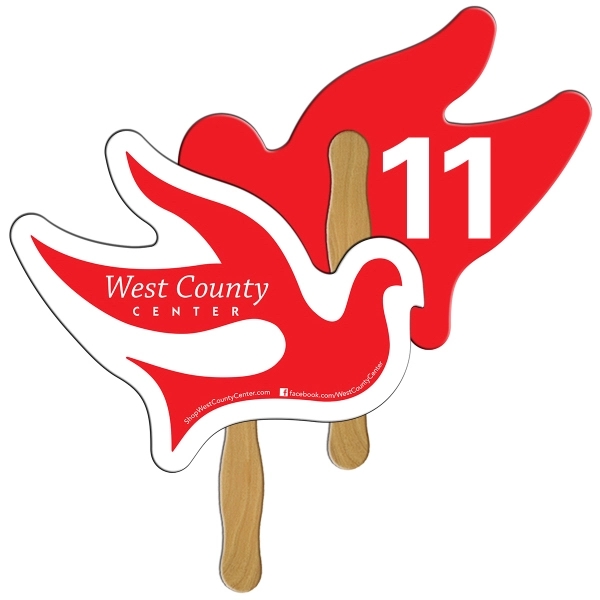 Digital printed dove shape auction fan with visible wooden stick.... from ASI 67620 Lion Circle Corp / Lion/Circle