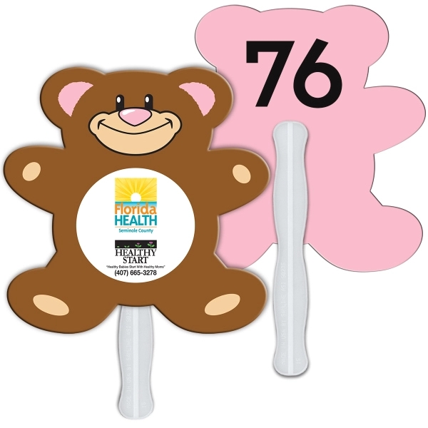 Digital printed teddy bear shape auction fan with visible wooden stick.... from ASI 67620 Lion Circle Corp / Lion/Circle