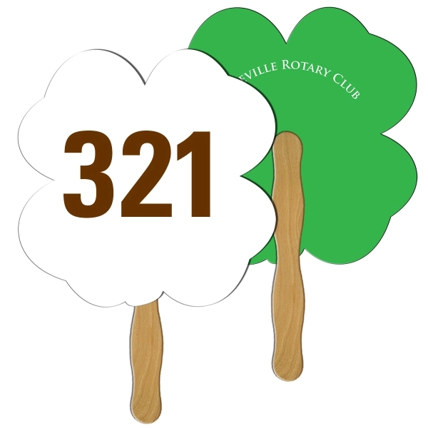 Digital printed clover shape auction fan with visible wooden stick.... from ASI 67620 Lion Circle Corp / Lion/Circle