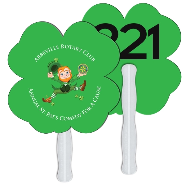 Digital printed clover shape auction fan with visible wooden stick.... from ASI 67620 Lion Circle Corp / Lion/Circle