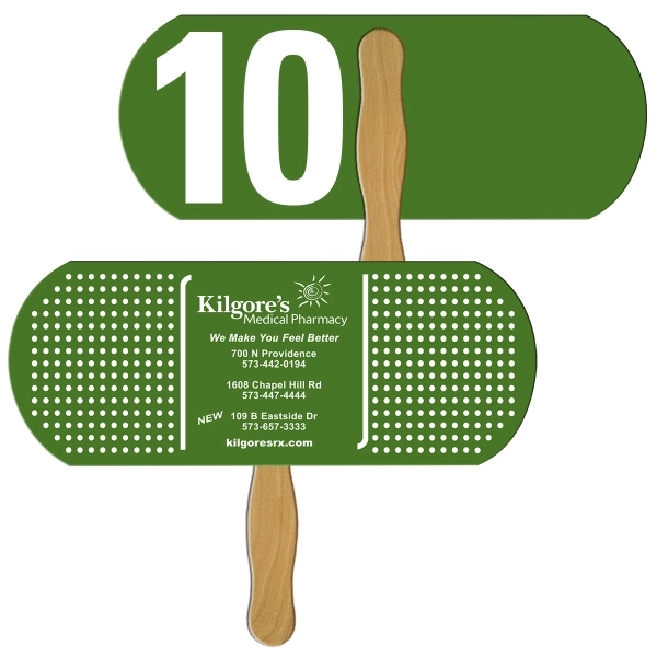 Digital printed bandage/pill shape auction fan with visible wooden stick.... from ASI 67620 Lion Circle Corp / Lion/Circle
